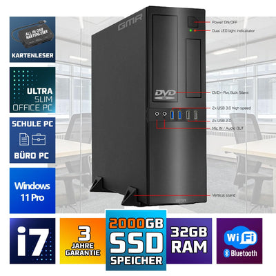 GMR Ultra Slim i7 Office PC - Business Office Computer | 3 Jahre Garantie | 32 GB RAM | 2000GB SSD | DVD±RW | USB 3 | Windows 11 Prof | WiFi-Bluetooth