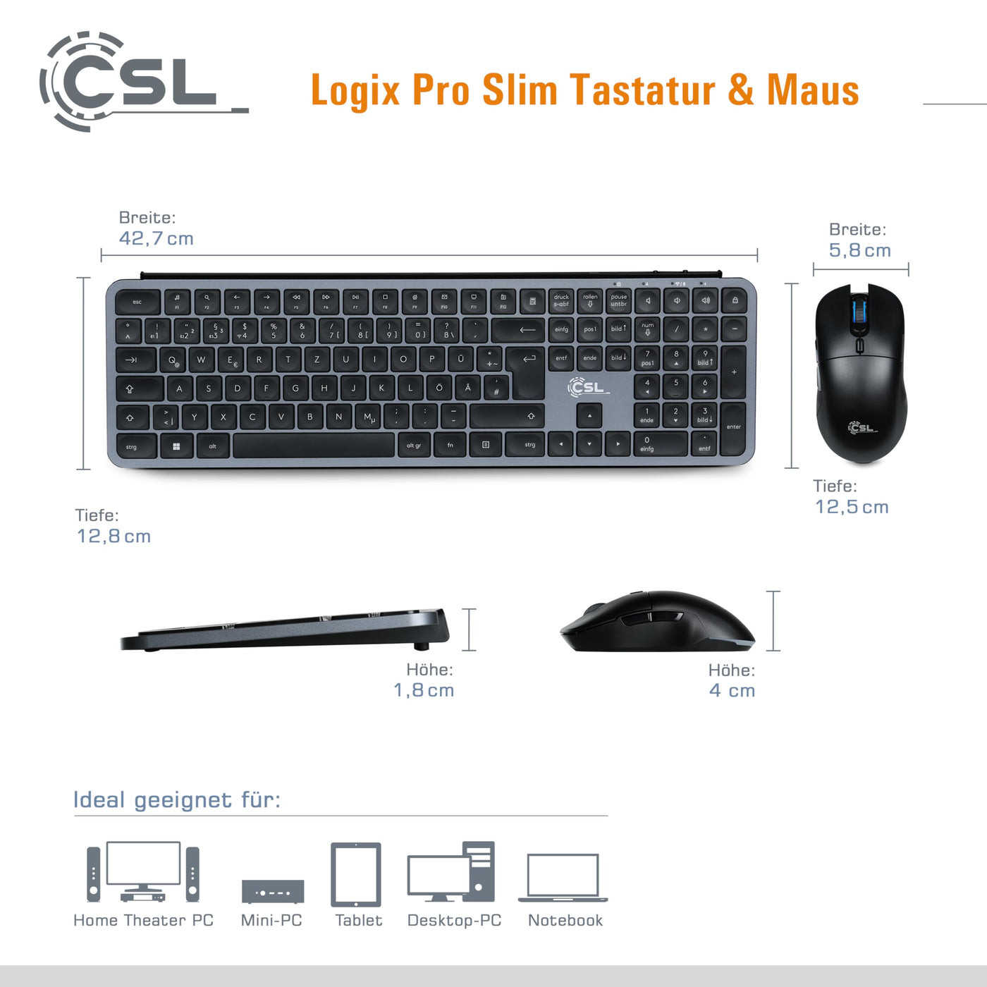 CSL Logix Pro - Tastatur Maus Set kabellos in schwarz mit QWERTZ Layout bestehend aus Funktastatur, Funk Maus, USB Nano Empfänger und USB Ladekabel, perfekt für Office PC, Laptop, Multimedia Computer