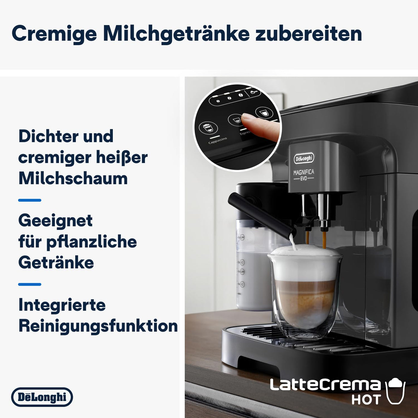 De'Longhi Magnifica Evo ECAM292.52.GB, Kaffeevollautomat mit Milchsystem, 4 Direktwahltasten für Cappuccino, Espresso und weitere Getränke, intuitives Bedienfeld, 2-Tassen-Funktion, Schwarz