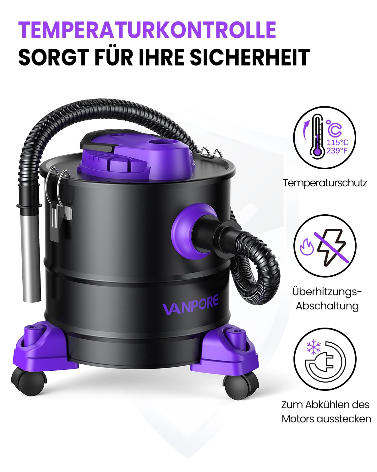 VANPORE Aschesauger für Kamin, 20L Aschesauger, 1200W Starke Saugleistung, Kamin Staubsauger mit Rollfuß, Für Kamin, Pelletgrill, Ofen und Feuerstelle (Purple)