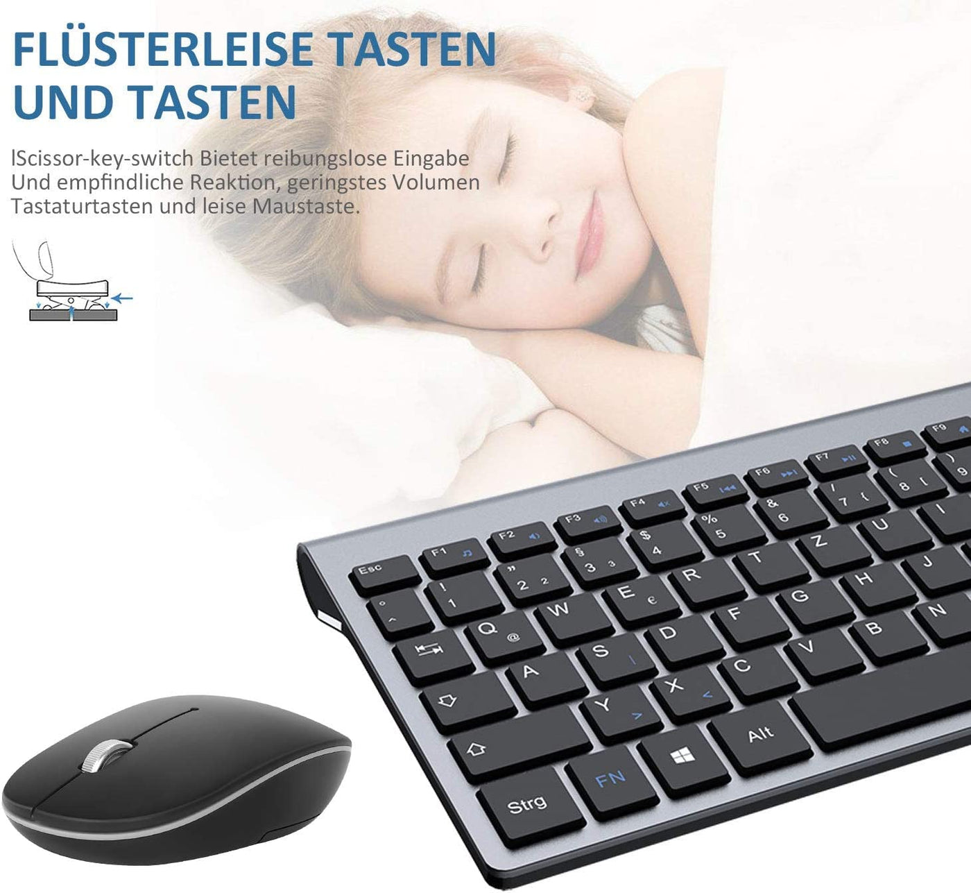 GALENMORO Tastatur Maus Set Kabellos - USB QWERTZ (Deutsch) Funk Tastatur Maus Ergonomisch Tastatur Wireless Keyboard Mouse für Computer/PC/Laptop/Smart TV/Windows- Schwarz