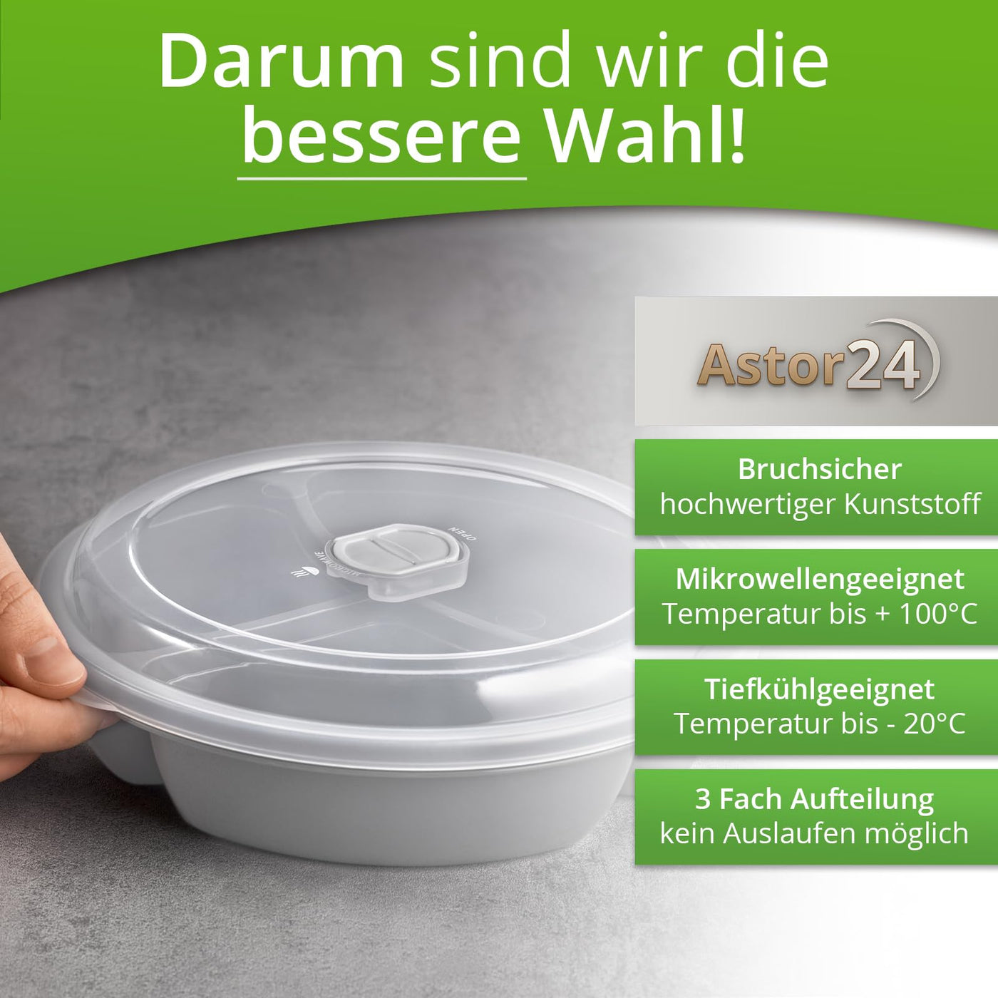 astor24 2er Set Mikrowellen Teller - Hohe Ausführung - Vorrats Dose Aufbewahrung Geschirr zum erhitzen, einfrieren mit 3 Fach Aufteilung Deckel mit Belüftung BPA frei (2er Set Grau)