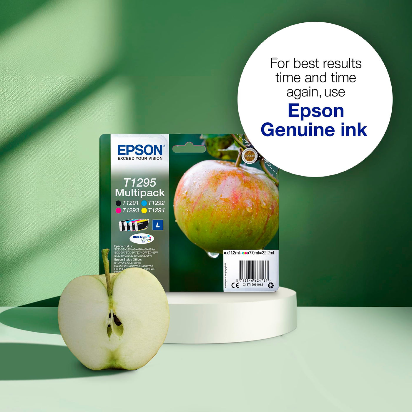 Epson 235M161 Original T1291 Apfel Tinte (SX420W BX320FW SX620FW BX/SX525WD BX625FWD BX305FW B42WD BX925FWD BX635FWD BX535WD SX435/440W BX630FW SX235W WF7015 7515 7525 3010 3520 3540) schwarz, 11,2ml