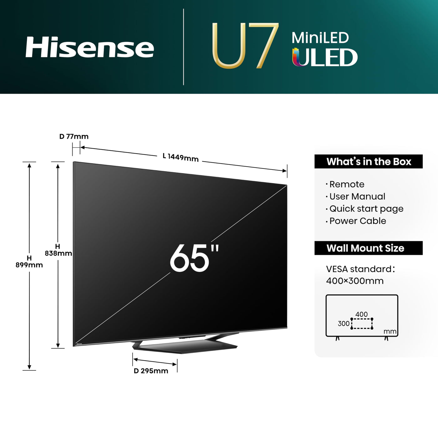 Hisense 65U7NQ 164cm (65 Zoll) Fernseher, 4K Mini LED ULED HDR Smart TV, Quantum Dot, 120Hz/ 144Hz VRR, HDMI 2.1, Game Mode Pro, Dolby Vision IQ & Atmos, Bluetooth, Alexa Built-in, Anthrazit, [2024]