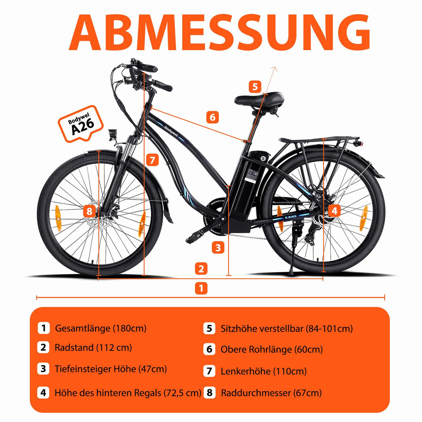 Bodywel A26 26 Zoll E-Bike Elektrofahhrad Damen Herren I APP Funktion I 250W Ananda Motor + Batterie abnehmbar 36V 15,6Ah + Max 100KM City E Bike (26 Zoll)