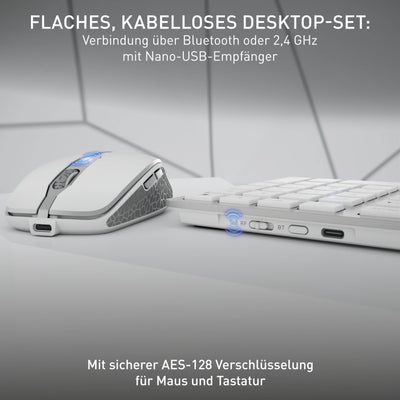 CHERRY DW 9100 SLIM, Kabelloses Tastatur- und Maus-Set, Pan-Nordisches Layout (QWERTY), Bluetooth & 2,4 GHz Funk, Leise Tasten, Wiederaufladbar, Weiß-Silber