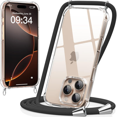 caslord Handykette kompatibel mit iPhone 16 Pro Max, Necklace Hülle mit Bands Handyhülle für zum Umhängen, Transparent Case mit Handykordel,Stoßfeste Schutzhülle zum Umhängen Kordel,Schwarz