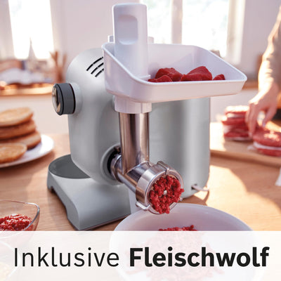 Bosch Küchenmaschine Serie 4 MUM56340, Schüssel 3,9 L, Mixer 1,25 L, Fleischwolf, Zitruspresse, Planetenrührwerk, Knethaken, Schlag-, Rührbesen, Durchlaufschnitzler, 3 Scheiben, 900 W, Silber/ Grau