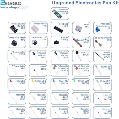 ELEGOO Überarbeitetes Elektronik Lernset Spaßset Stromversorgungsmodul Jumperkabel Potentiometer Breadboard Komponente Sortiment für Arduino