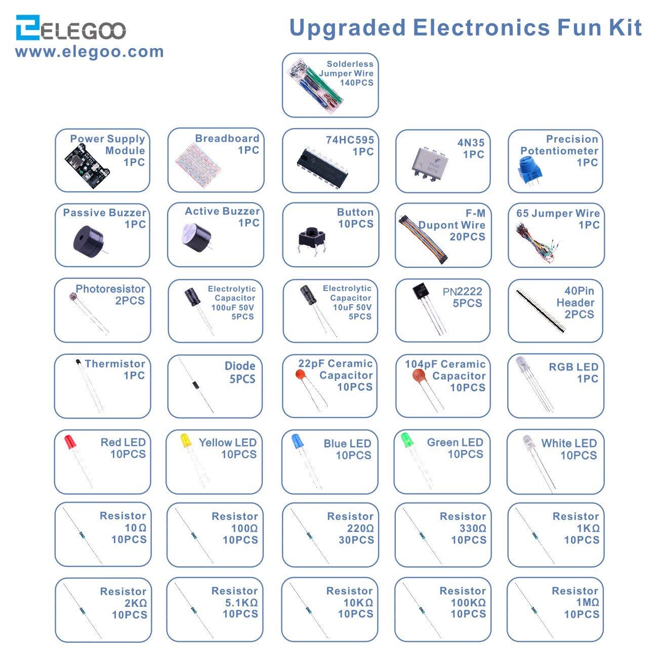 ELEGOO Überarbeitetes Elektronik Lernset Spaßset Stromversorgungsmodul Jumperkabel Potentiometer Breadboard Komponente Sortiment für Arduino