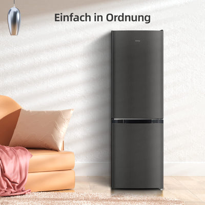 CHIQ CBM159LEBD Freistehender Kühlschrank mit Gefrierfach | Kühl-Gefrierkombination 144 cm Höhe, 47 cm Breit, 157L(109L/48L) | Low Frost | 152 kWh/Jahr | LED Litcht | | Schwarz Inox