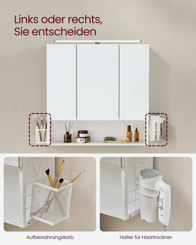 VASAGLE Badezimmerschrank mit 3 Türen, Spiegelschrank, Wandschrank, Steckdosen, Hängekorb, Haartrockner-Halter, viel Stauraum, für Badezimmer, Waschbecken, wolkenweiß BBK124W14