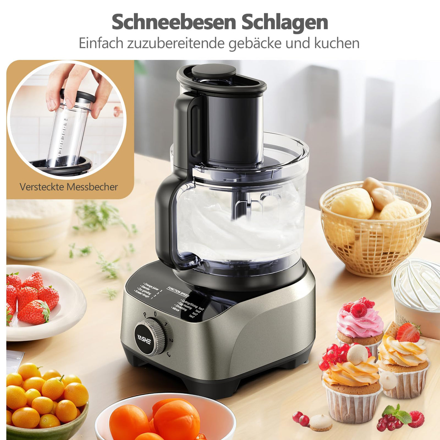 YASHE 11 in 1 Küchenmaschine, 1300W Multifunktionale Food Processor - 2,5 L Rührschüssel & 1,5 L Mixgefäß, Upgrade Schneidescheibe, Zitruspresse, Knetmaschine, Mahlwerk, Schneebesen, Zerkleinerer