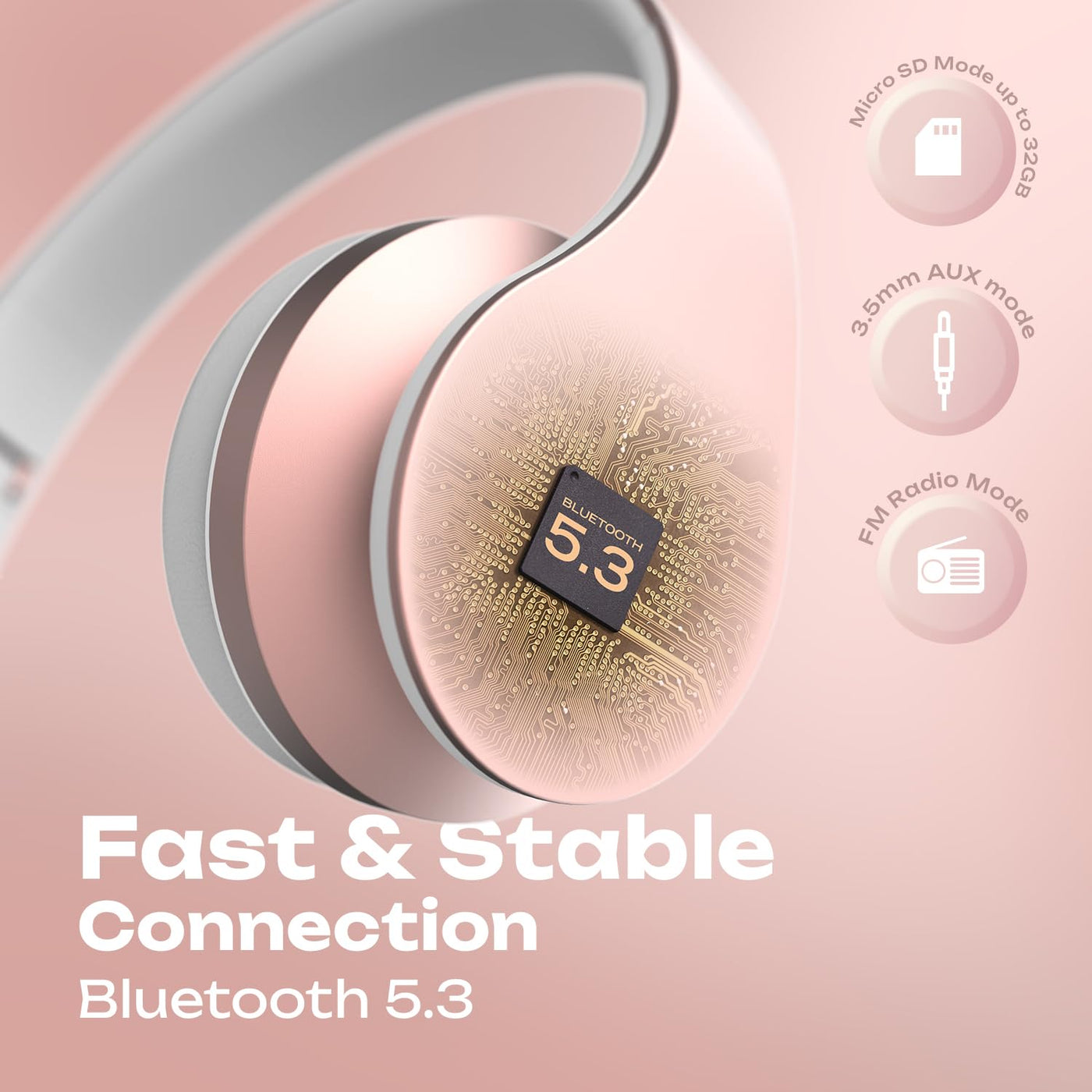 Bluetooth Kopfhörer, PowerLocus Over Ear Wireless Bluetooth Kopfhörer Faltbar Kabellose On Ear Ohrhörer Headset Aux-Unterstützung mit Mikrofon Freiscprechfunktion für iPhone, Android, PC (Rose Gold)