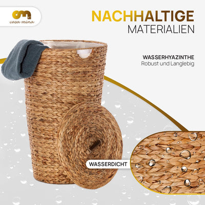 Casa Mina® Wäschekorb mit Deckel D35 x H55cm hoch I Atmungsaktiver Wäschekorb geflochten aus 100% Naturfaser I Robuster Wäschesammler mit Griffen & waschbarem Innensack I Wäschekörbe - Lombok