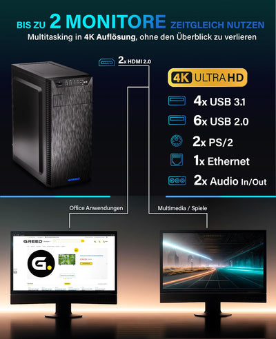 GREED® Ultra V2 PC mit Intel Core i7 12700KF - Schneller Rechner - Computer für Büro & Home Office mit 5,0 GHZ - 32GB RAM/Arbeitsspeicher - 1TB SSD + 1TB HDD - DVD+RW - USB 3.1 - WLAN, inkl Win 11 Pro