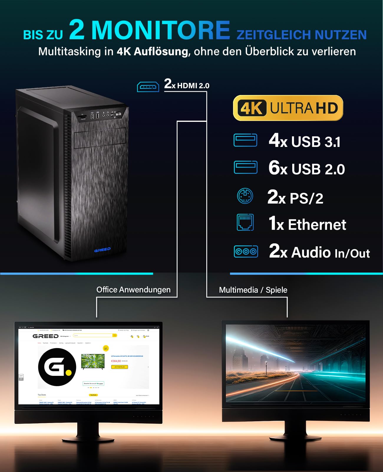 Greed® Multimedia V2 PC mit Intel Core i7 10700F - Schneller Rechner + Computer für Büro & Home Office mit 4,8 GHZ, 16GB RAM/Arbeitsspeicher - 512GB SSD - DVD+RW - USB3.1 - WLAN, inkl. Windows 11 Pro