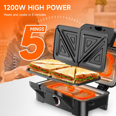 Sandwichmaker 3 IN 1, 1200W & 5-Gang-Temperaturregelung Waffeleisen, Sandwichtoaster, Kontaktgrill mit 3 Antihaftplatten für Sandwich, Waffeln, Fleisch, LED-Leuchten, Cool-Touch-Griff