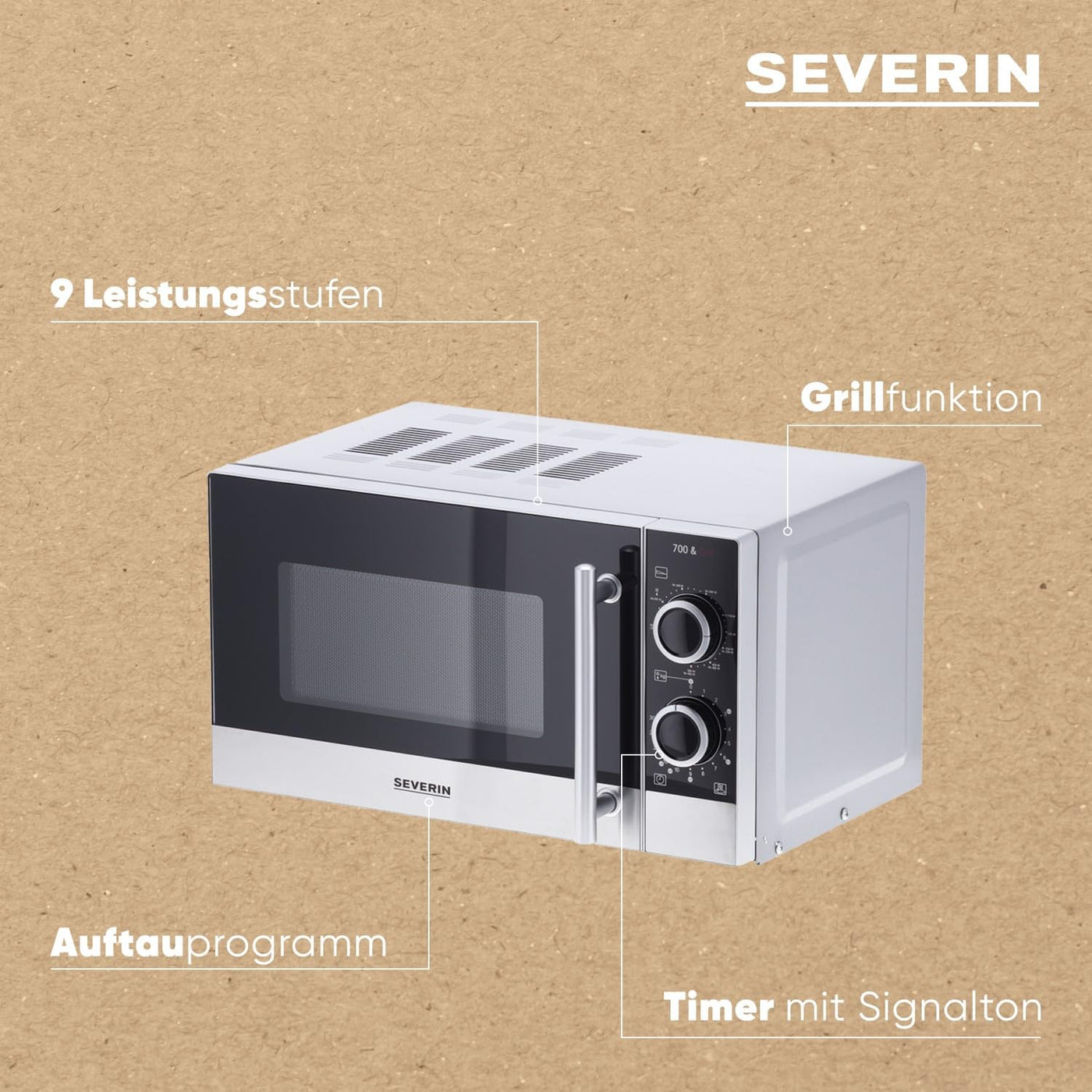 SEVERIN 2-in-1 Mikrowelle mit Grill 700 W, Grillofen mit 9 Automatikprogrammen, Mikrowelle mit Grillrost und Drehteller, silber-schwarz / Edelstahl, MW 7874