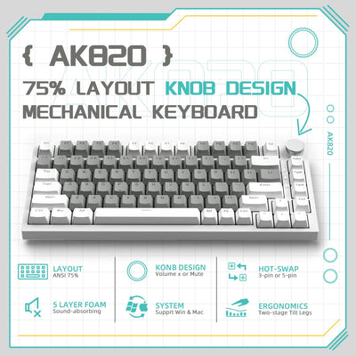 YINDIAO Ajazz AK820 Mechanische Tastatur mit Knopf,75% ANSI-Layout,81 Tasten,Kabelgebundene Gaming-Tastatur,Verbesserte Dichtungsmontage,Hot-Swap Roter Schalter,Eisweißes Licht,für PC,MAC (Weiß&Grau)