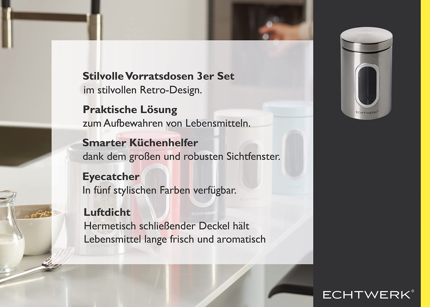 ECHTWERK Stilvolle Vorratsdosen 3er Set-Brushed, Zur Aufbewahrung von Mehl/Zucker/Müsli/Tee, Metalldose mit luftdichtem Deckel und großem Sichtfenster, Iron, 3