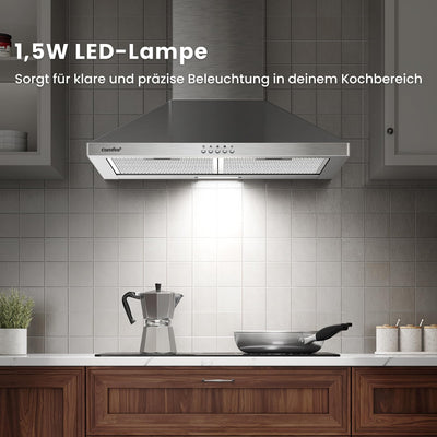 COMFEE' CHT 3.6B Dunstabzugshaube 60cm Umluft & Abluft, Wandhaube mit Aktivkohlefilter, 400m³/h Luftstrom, 5 Schichten Waschbarer Fettfilter, 3 Stufen, Einstellbarer Kamin, 1 LED-Licht, Silver