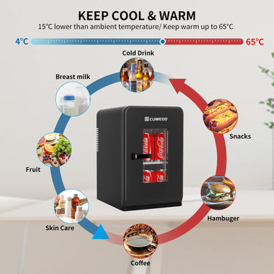 Cumeod 15 Liter/ 21 Dosen Mini Kühlschrank, 2 in 1 Kleiner Kühlschrank mit Kühl- und Heizfunktion, 12V DC/220V AC für Autos, Büros und Schlafsäle, Getränke, Kosmetik, Schwarz, Max- & Eco-Modus