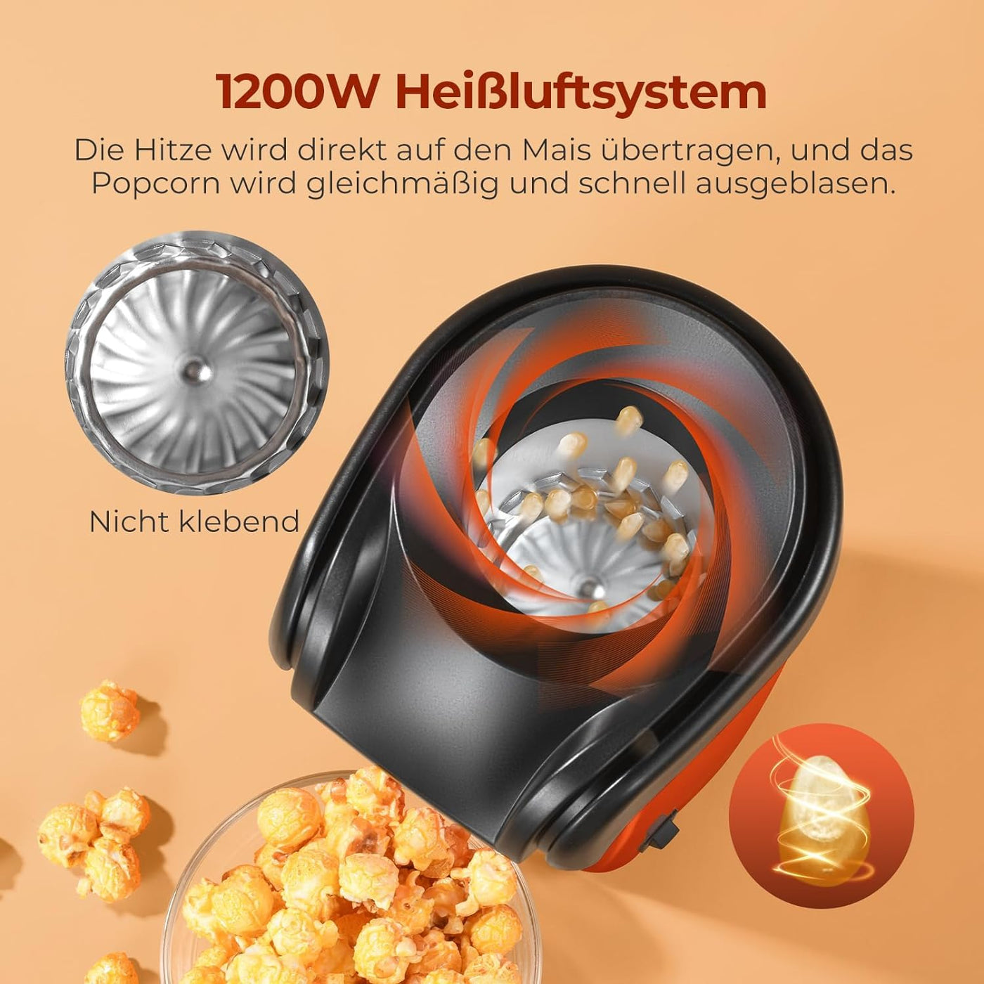 YASHE Popcornmaschine, 1200 W Heißluft Popcorn Maker, Elektrische Popcorn Maschinen, One-Touch-Bedienung, 2 Minuten, Gesund ohne Fett & Öl, Rot