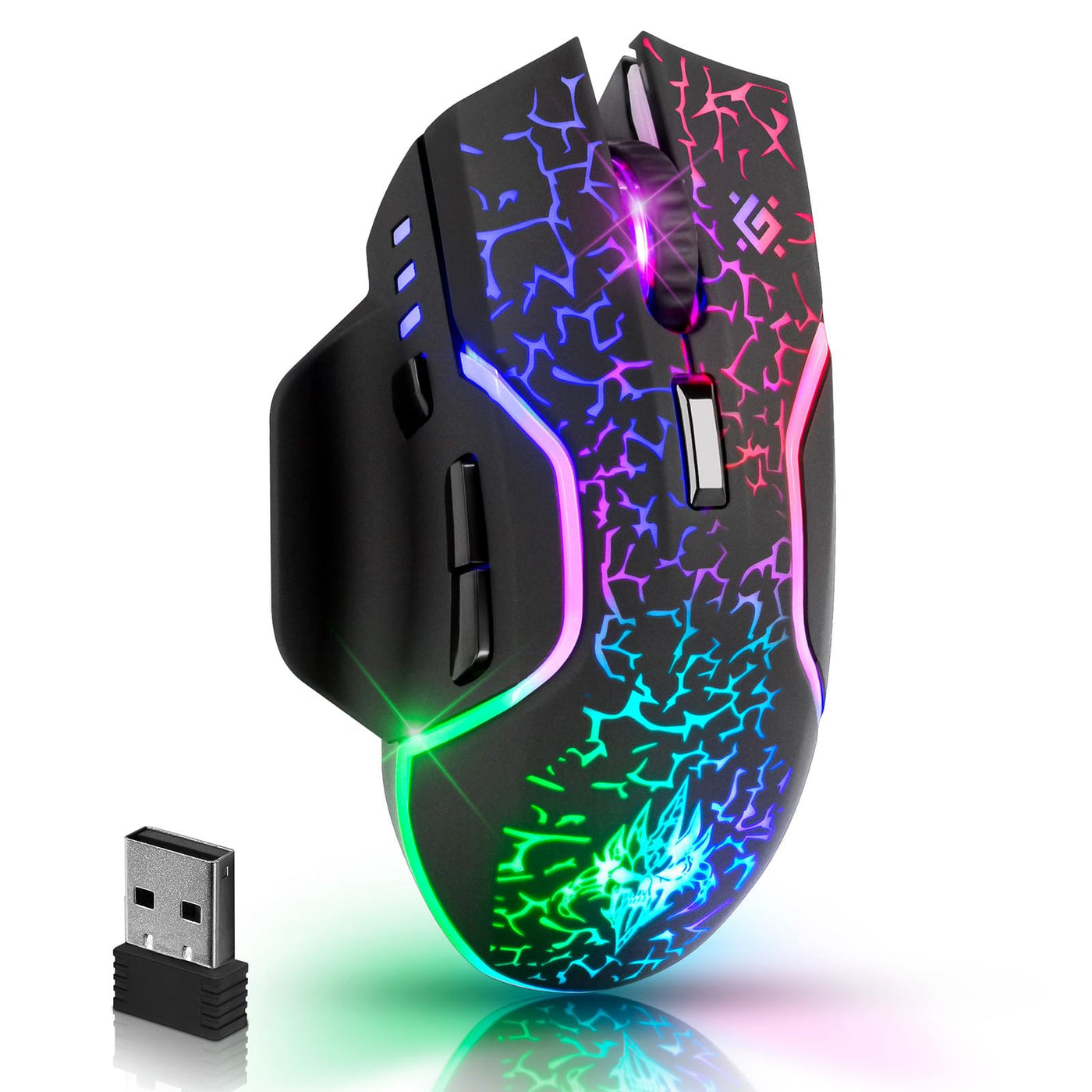 Defender Oneshot kabellose Gaming Maus 3200 DPI, 5 programmierbare Tasten, mehrfarbige RGB-Beleuchtung, bis zu 240 hrs Akkulaufzeit, Computermaus für PC, Mac, Laptop, Schwarz