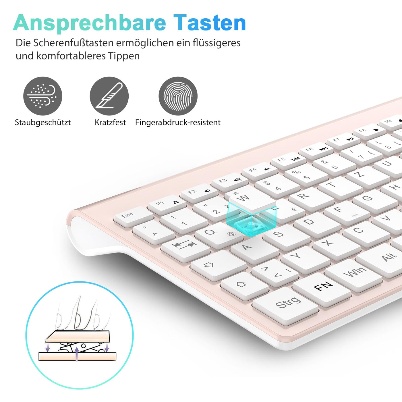 cimetech Tastatur Maus Set Kabellos, 2.4G Ultraslim Kabellose Tastatur mit Funkmaus, QWERTZ Deutsches Layout, 10m Reichweite, für PC, Desktop, Notebook, Laptop, Windows, (Rosenquarz)