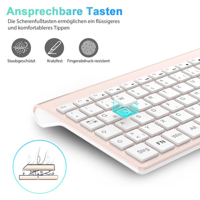 cimetech Tastatur Maus Set Kabellos, 2.4G Ultraslim Kabellose Tastatur mit Funkmaus, QWERTZ Deutsches Layout, 10m Reichweite, für PC, Desktop, Notebook, Laptop, Windows, (Rosenquarz)