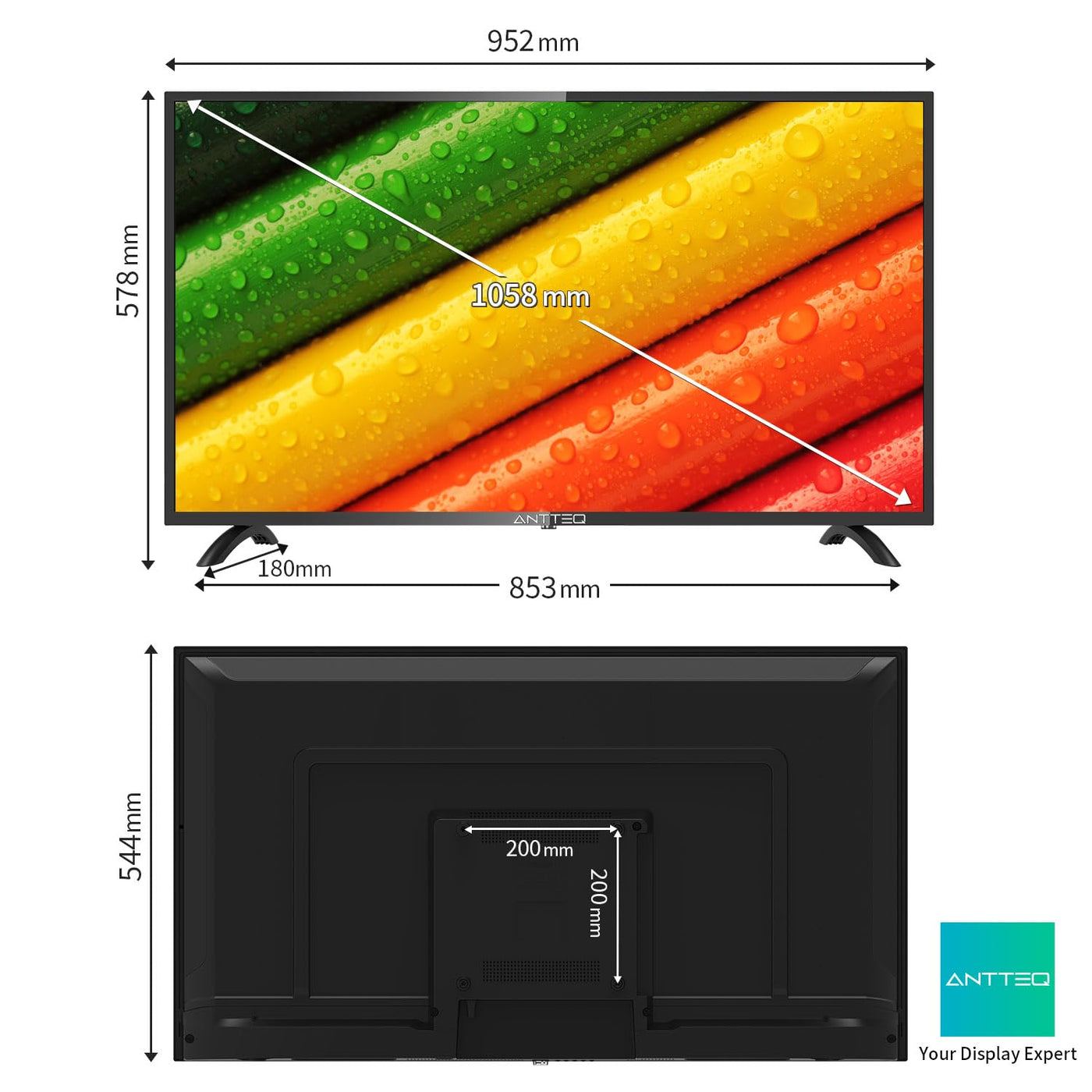 Téléviseur Antteq AB42D1 42 pouces (TV 107 cm), Dolby Audio, LED, triple tuner DVB-C / T2 / S2, CI+, HDMI, lecteur multimédia via USB, sortie audio numérique, mode hôtel inclus