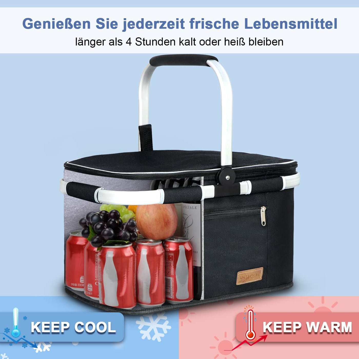 ABIUBIU 34L Kühltasche Einkaufskorb Picknickkorb Große isolierte Kühlkorb Lunchtasche Camping Picknick Reisen Seitenstütze Aufrecht Halten Frauen