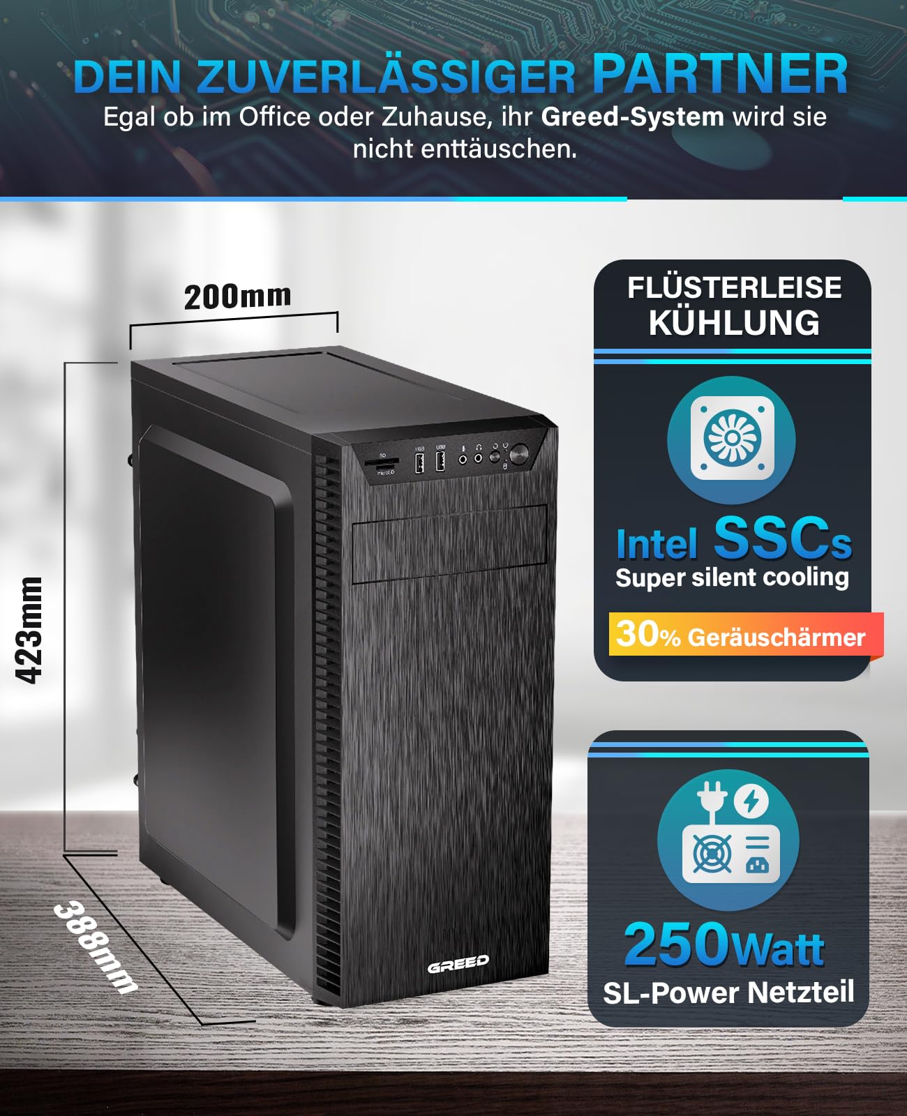 GREED® Ultra 7 - Schneller PC mit Intel Core i7 - Leiser Computer + Rechner für Büro & Home Office mit 4,0 GHZ, 32GB DDR4 RAM/Arbeitsspeicher - 1TB SSD + 1TB HDD - DVD+RW - WLAN - inkl Win 11 Pro