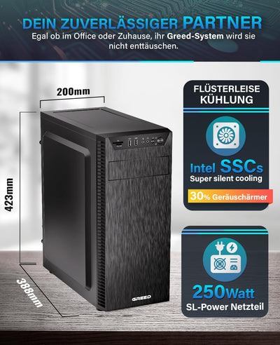 GREED® Ultra 7 - Schneller PC mit Intel Core i7 - Leiser Computer + Rechner für Büro & Home Office mit 4,0 GHZ, 32GB DDR4 RAM/Arbeitsspeicher - 1TB SSD + 1TB HDD - DVD+RW - WLAN - inkl Win 11 Pro