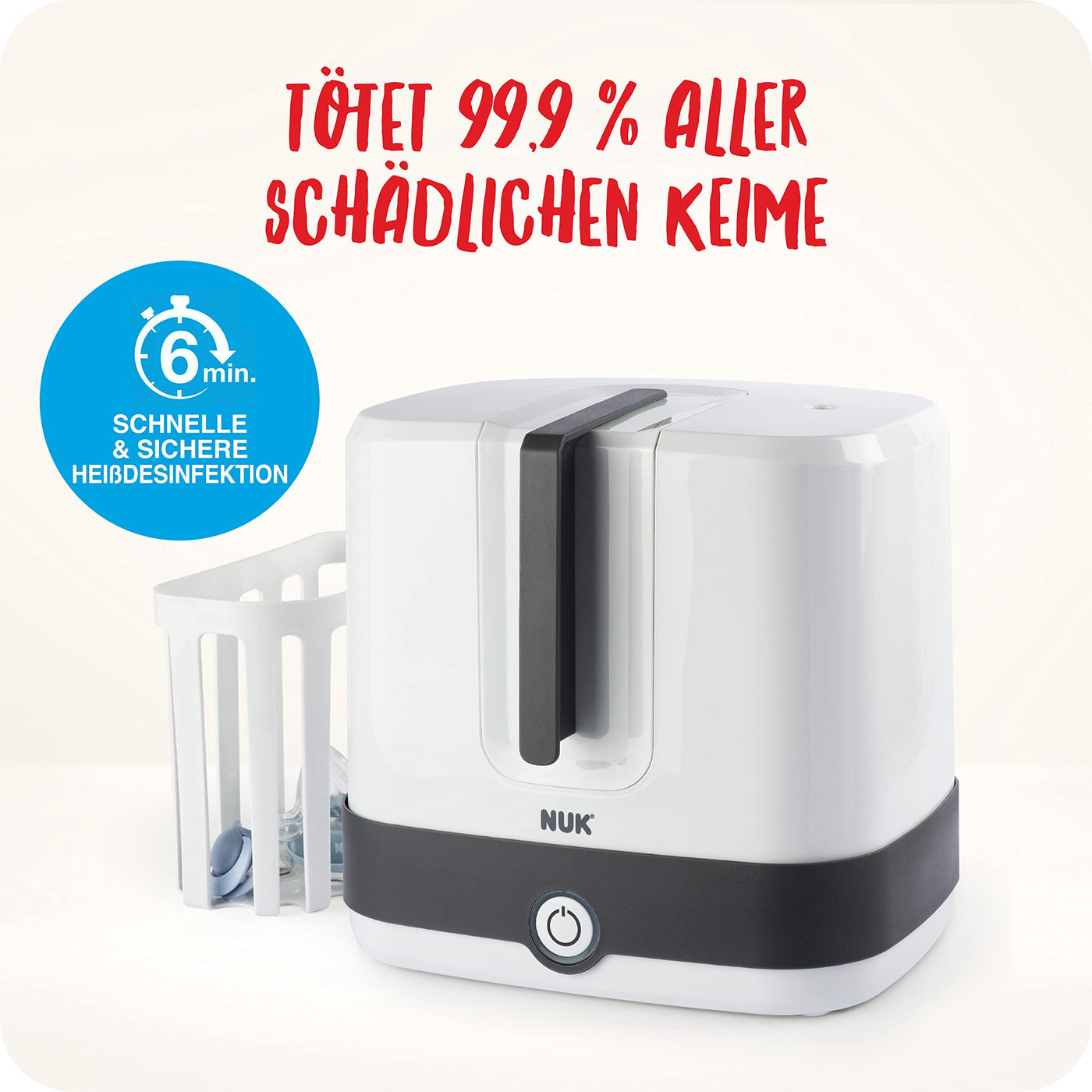 NUK Vario Express Flaschensterilisator|sterilisiert bis zu 6 Babyflaschen plus Zubehör in 6 Minuten auf Wasserdampfbasis|automatische Abschaltung|herausnehmbarer Korb & versetzbare Stäbe | EU-Stecker