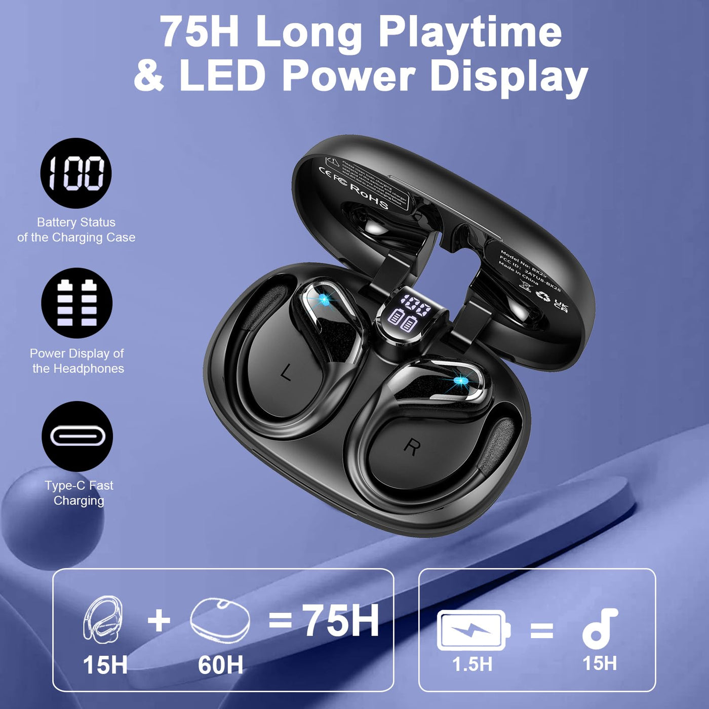 Bluetooth 5.4 Kopfhörer Sport, Kopfhörer Kabellos Bluetooth 75Std mit HD Mic, 3D Raumklang Stereo Kopfhörer Bluetooth in Ear, LED-Anzeige/IP7 Wasserdich Earbuds,2024 ENC Noise Cancelling Lauf Ohrhörer