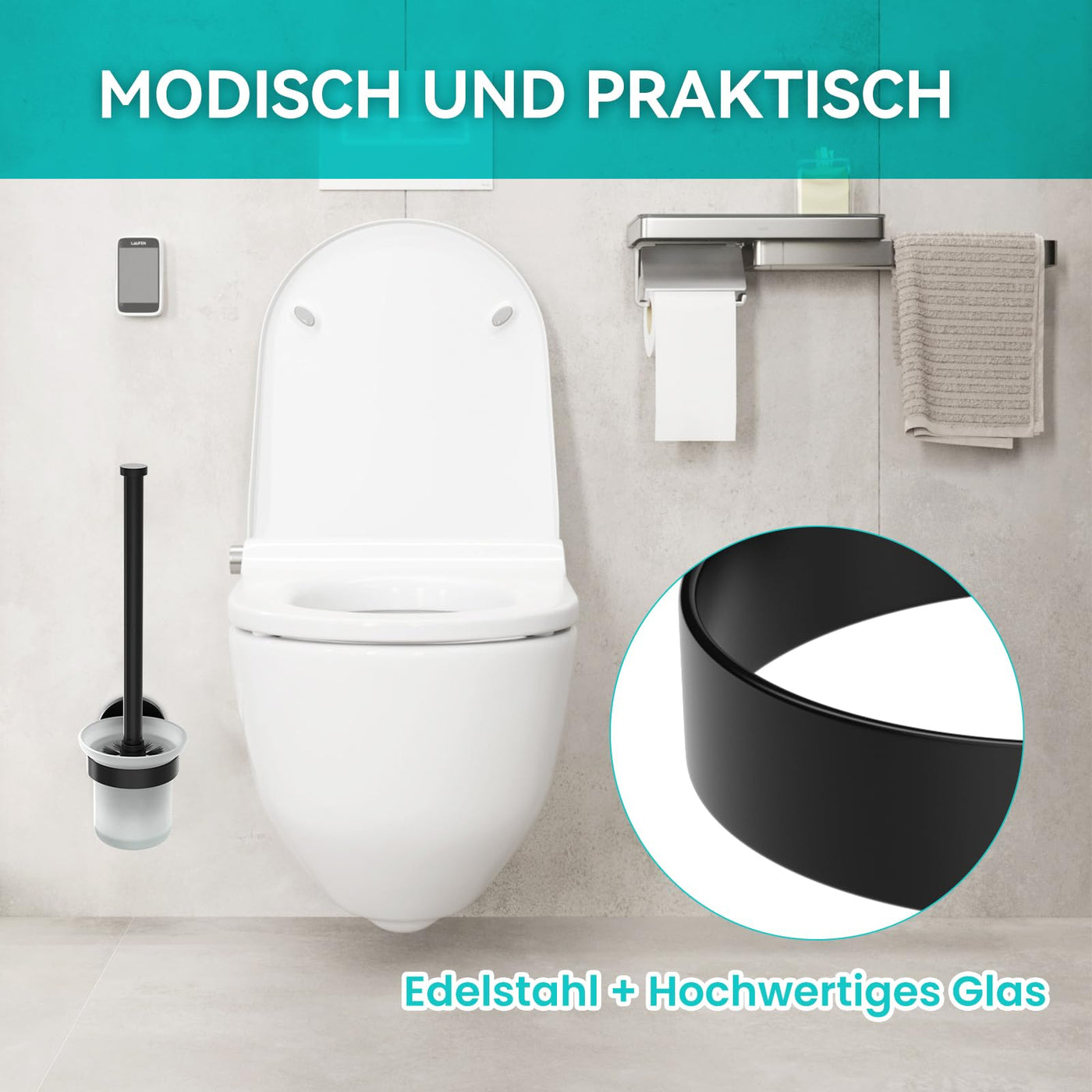 Dailyart Klobürste, Toilettenbürste Klobürste Schwarz WC Garnitur WC Bürste Ohne Bohren Klobürstenhalter mit Halter zum Wandmontage, Inkl. Ersatzbürste, Edelstahl + Glas