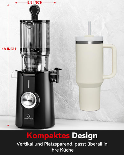 LINKChef Schnellreinigungs Entsafter, NO-Prep Entsafter Gemüse und Obst, Blitzreiniger Saftpresse Slow Juicer Testsieger mit Einfacher Installation, BPA Frei, 115mm, 1.2L, 200w Schwarz