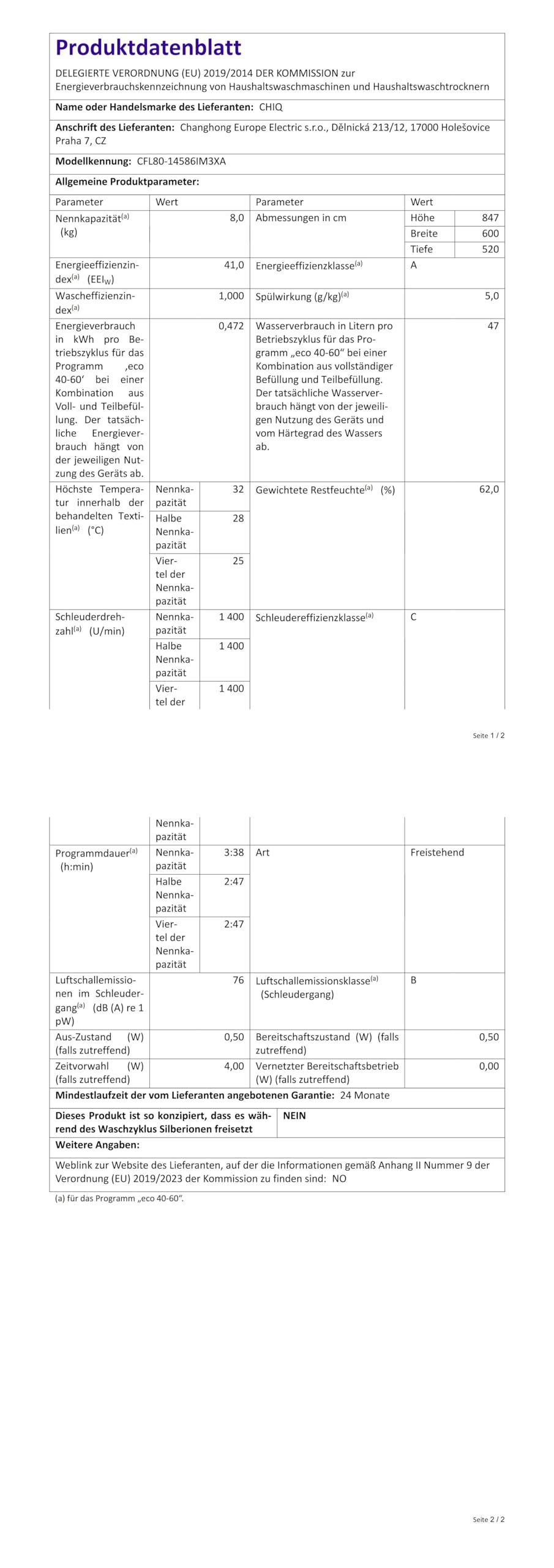 CHiQ CFL80-14586IM3XA, Frontlader-Waschmaschine, 8 kg, 1400 Umdrehungen pro Minute, Counter Depth, große Trommel, Inverter-Motor, Dampfwäsche,12 Jahre Gratis Garantie auf den Motor