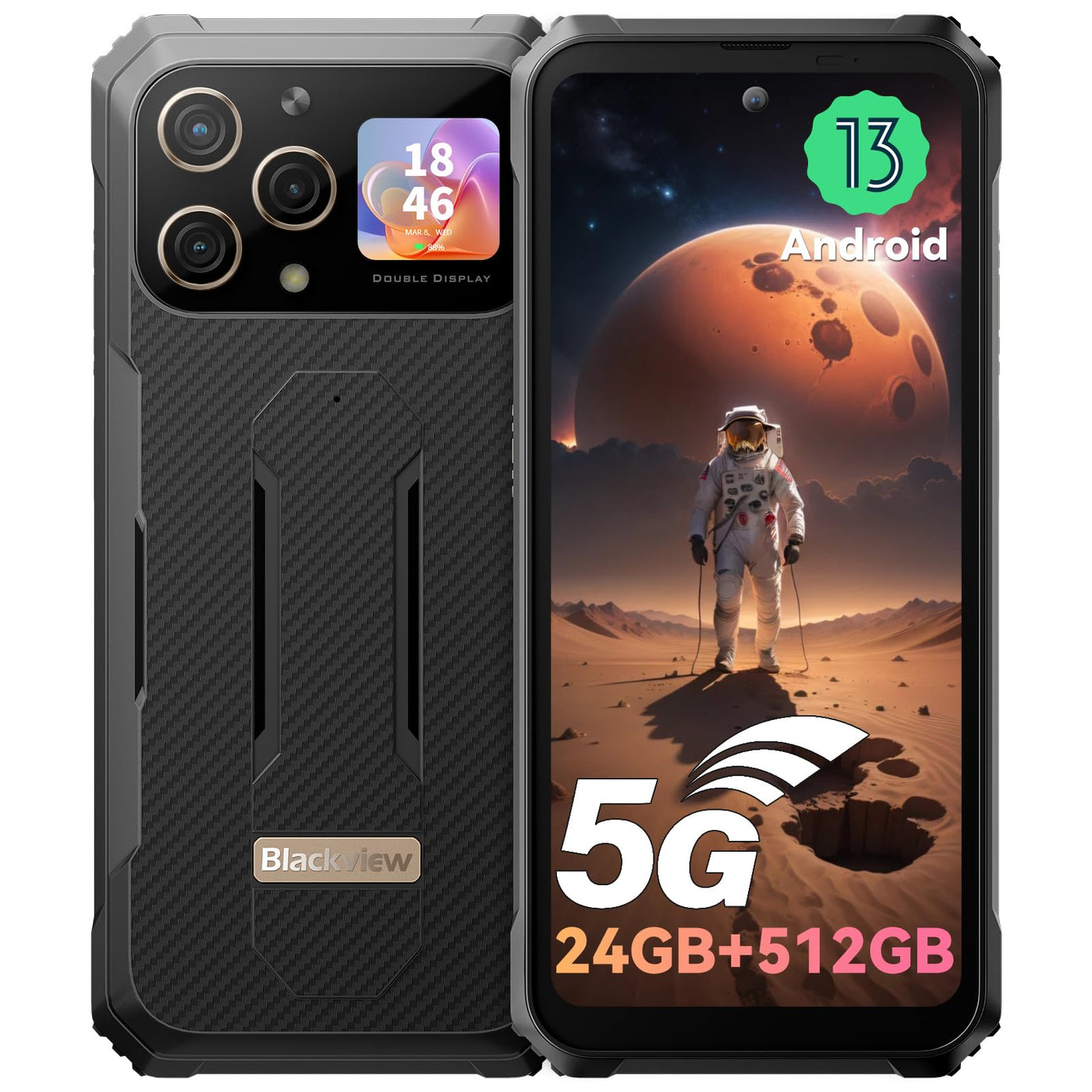 Blackview BL8000 bruchsicheres 5G-Handy, Dual Display, Android 13, entsperrtes Telefon 24 GB + 512 GB/TF 1 TB, 6,78 Zoll FHD+/8800 mAh/50 MP/MTK7050/NFC/WiFi 6/GPS/Face ID/120Hz/Dual 5G bruchsicheres