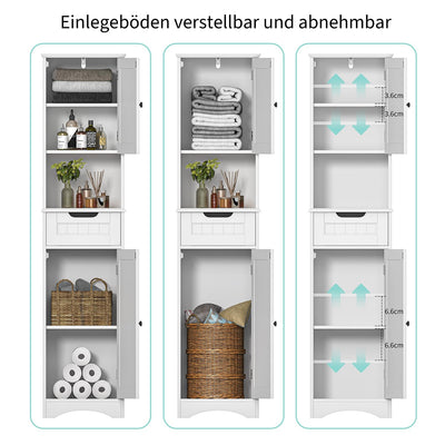 Bealife Hochschrank Badezimmer, 170x40x30cm Badschrank mit verstellbaren Regalen, Badezimmerschrank mit offenem Fach, Schublade und Türen für Badezimmer, Wohnzimmer, Schlafzimmer - Weiß