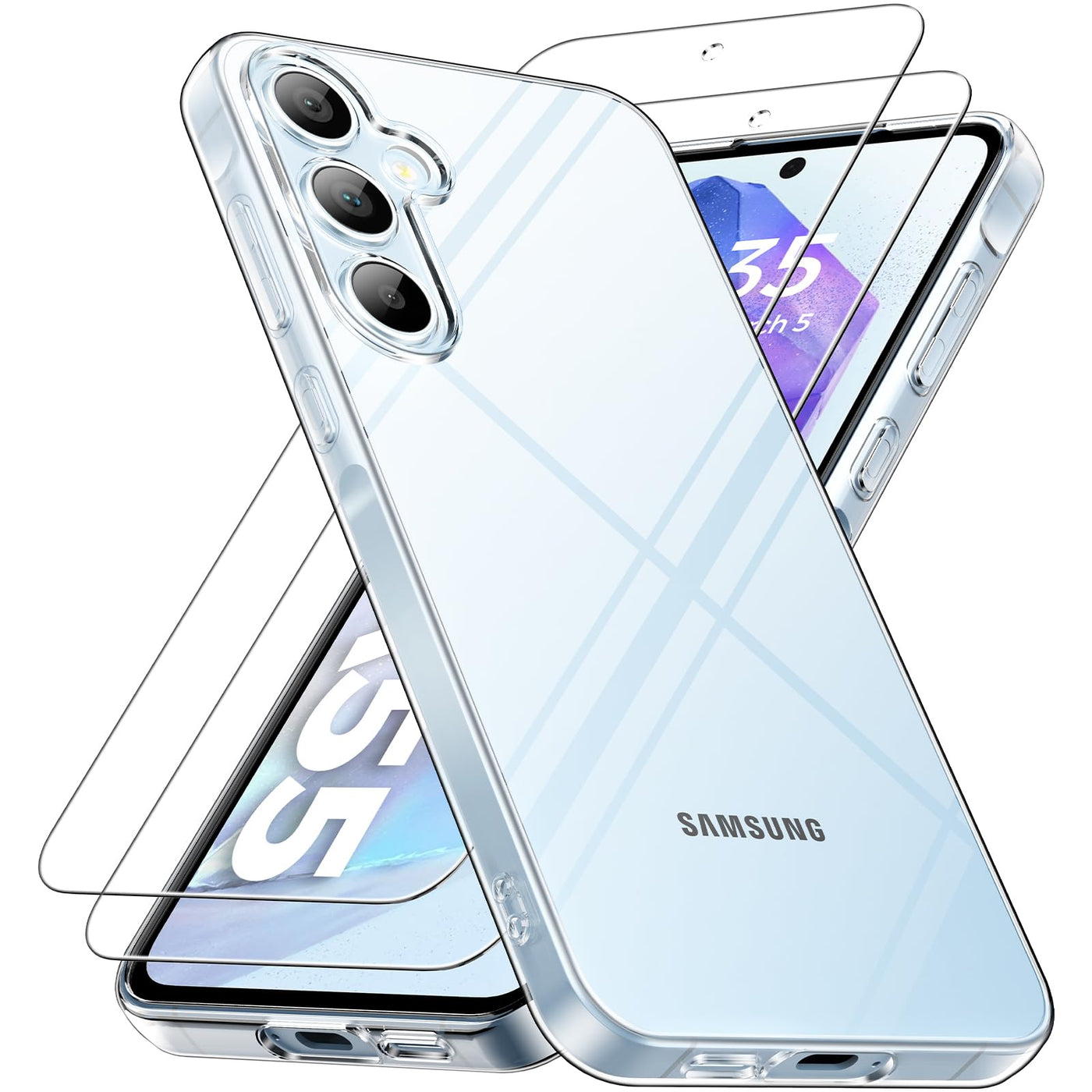 caslord Hülle für Samsung Galaxy A55 5G, 1 Handyhülle mit 2 Stück Hartglas, Weiche TPU Transparent Stoßfest Schutzhülle Durchsichtige Kratzfest Handyhülle Case Cover