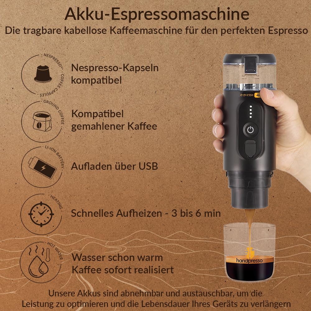 Handpresso - Kaffeemaschine Akku E-PRESSO+ mit Koffer | Mini Espressomaschine(aufladbar USB/abnehmbar Akku) für Espressokapseln oder gemahlenen Kaffee | großer 90ml Tank (max. 110ml) 3x2,9 mA Akku