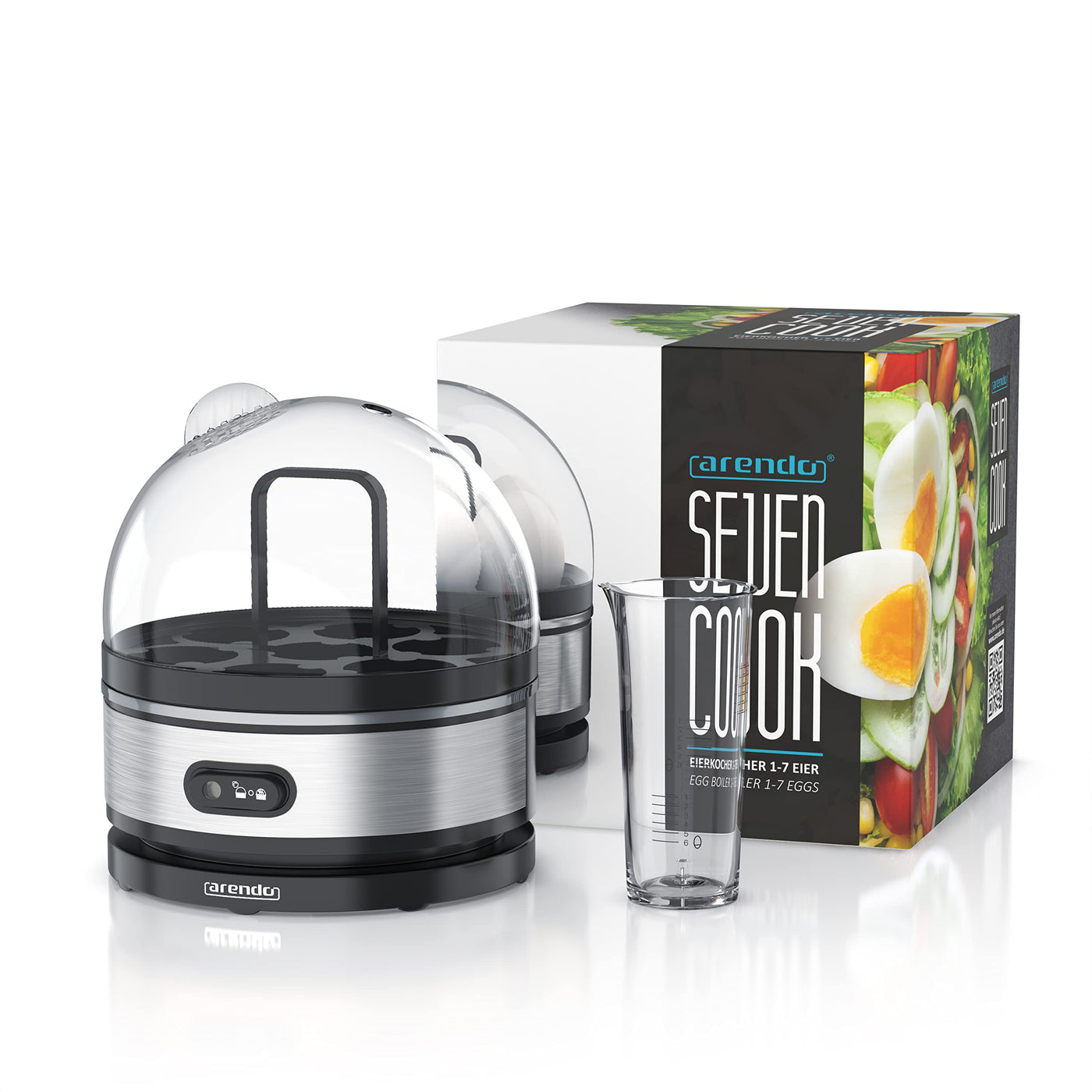 Arendo Sevencook Eierkocher 400 W – Edelstahl Design - 1-7 Eier - Egg Cooker - EIN/AUS-Schalter – 3 Härtegrade wählbar - Warmhaltefunktion - Signalton - BPA-frei - silber