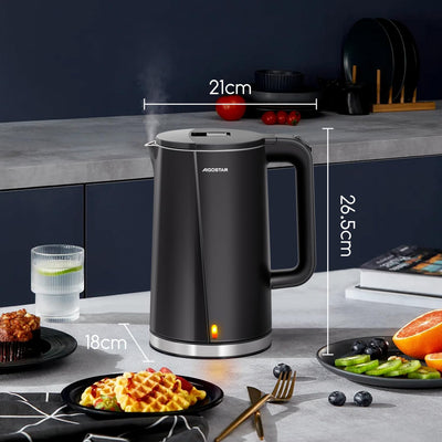 Aigostar Aubery - Wasserkocher Edelstahl 1,7 Liter, 2200W, Doppelwand Design Elektrischer Wasserkocher, 360°-Sockel, Abschaltautomatik, im modernen Design, BPA frei, Schwarz