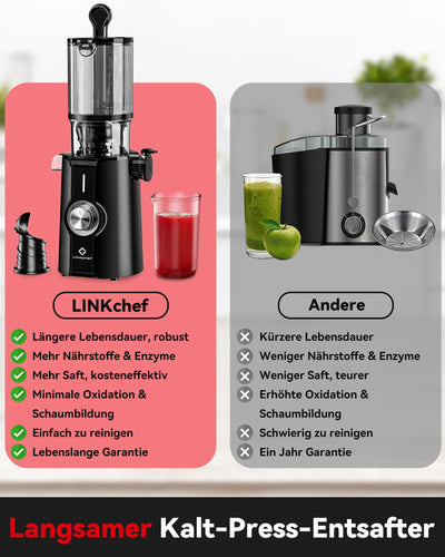 LINKChef Schnellreinigungs Entsafter, NO-Prep Entsafter Gemüse und Obst, Blitzreiniger Saftpresse Slow Juicer Testsieger mit Einfacher Installation, BPA Frei, 115mm, 1.2L, 200w Schwarz