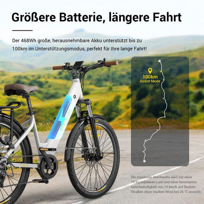 Eleglide T1 Step-Thru E-Bike, Elektrofahrrad 27.5'' Trekkingrad E-Cityrad mit 36V 13Ah Lithium-Akku bis zu 100KM Lange Range, 250W Motor, EU-konformes E Bike, LCD Display (Weiß)