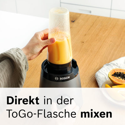 Bosch Standmixer VitaPower Serie 4 MMB6174SN, verbesserte Version, hochwertige Edelstahl-Klingen, 1,5l Glasbehälter, 0,6l To-Go-Flasche, spülmaschinenfeste Teile, 30.000 U/min, 1200 W, silber