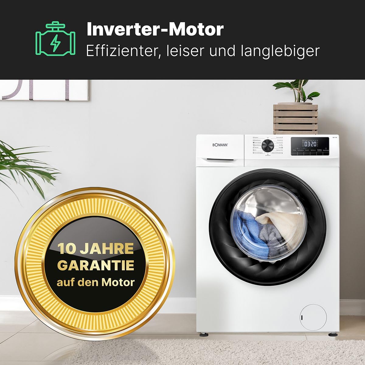 Bomann® Waschmaschine 9kg | max. 1400 U/min | 10 Jahre Motor-Garantie | effizienter, leiser & langlebiger Invertermotor | 15 Programme | Endzeitvorwahl | LED-Display | Washing Machine WA 7195